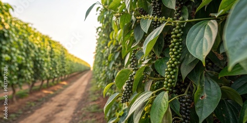 Black Pepper Plantation Lush Green Vines and Ripe Berries, Close-Up Composition, spice, agriculture peppercorn, plantation
