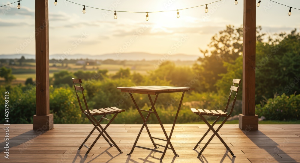 Fototapeta premium Empty wooden table with two chairs on a covered patio at sunset and string lights above, relaxing concept for outdoor dining or quiet contemplation