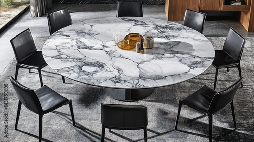 Modern round dining table with black chairs.  Large, round, marble top table, surrounding black leather chairs