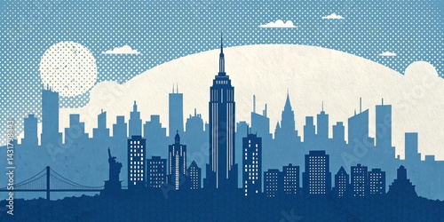 Blue Cityscape NYC Silhouette, Comic Dot Background, Urban Art, New York City Skyline New York, cityscape