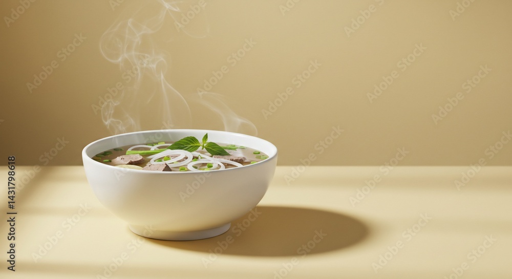A steaming bowl of soup with onions and herbs against a neutral background. A steaming bowl of soup with onions and herbs against a neutral background.