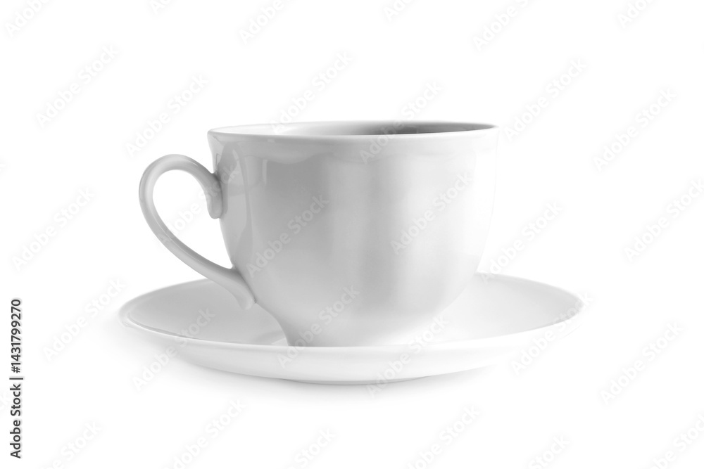 A white cup of tea stands on a white background. A white cup of tea stands on a white background.