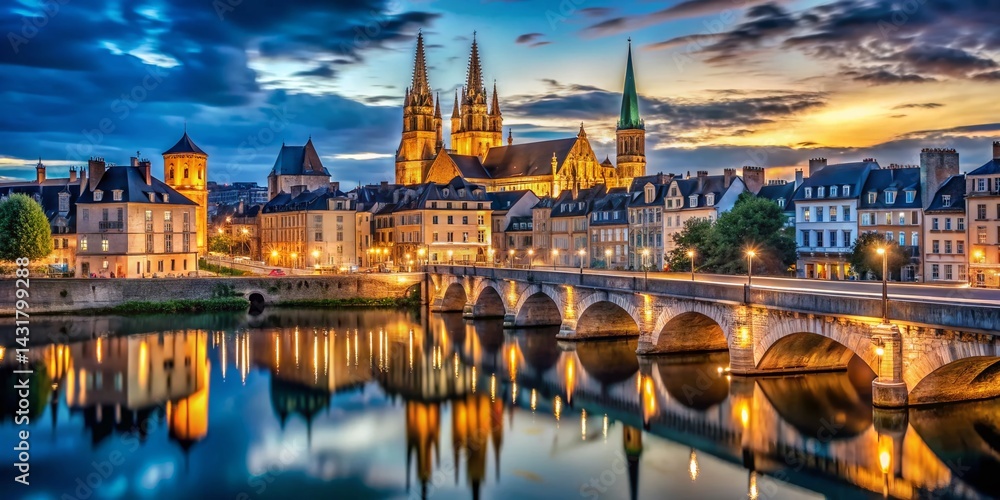 Naklejka premium Night Cityscape of Caen, France: Illuminated Architecture & Attractions