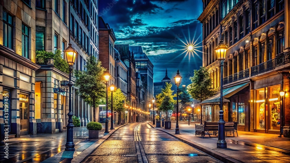 Night City Street View: Vibrant Urban Lightscape at Night, Rule of Thirds Composition Night City Street View: Vibrant Urban Lightscape at Night, Rule of Thirds Composition