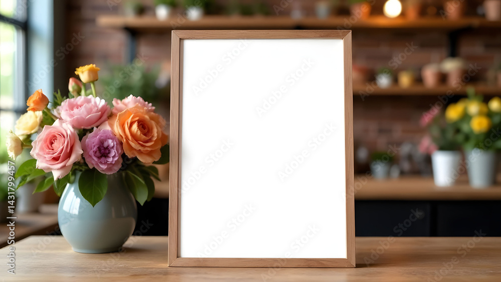 Obraz premium Mock up. Blank white sign in wooden frame on table surrounded by flower vases in floral shop interior, concept of wedding decor, branding flower business