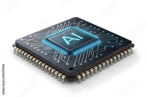 Modern CPU Microchip with Glowing AI Circuitry on White Backdrop, High Detail Design