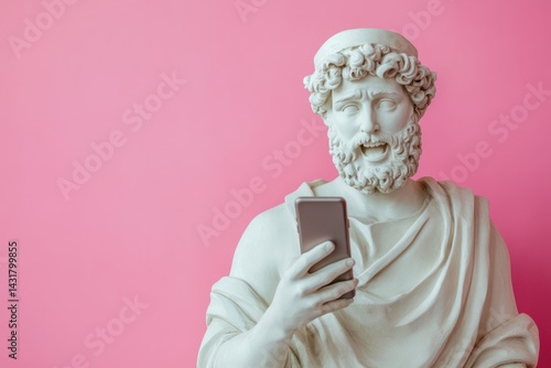 Funny gypsum statue man texting on smartphone