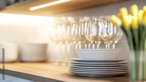 A beautifully arranged kitchen shelf showcasing elegant glassware and white dishware with flowers