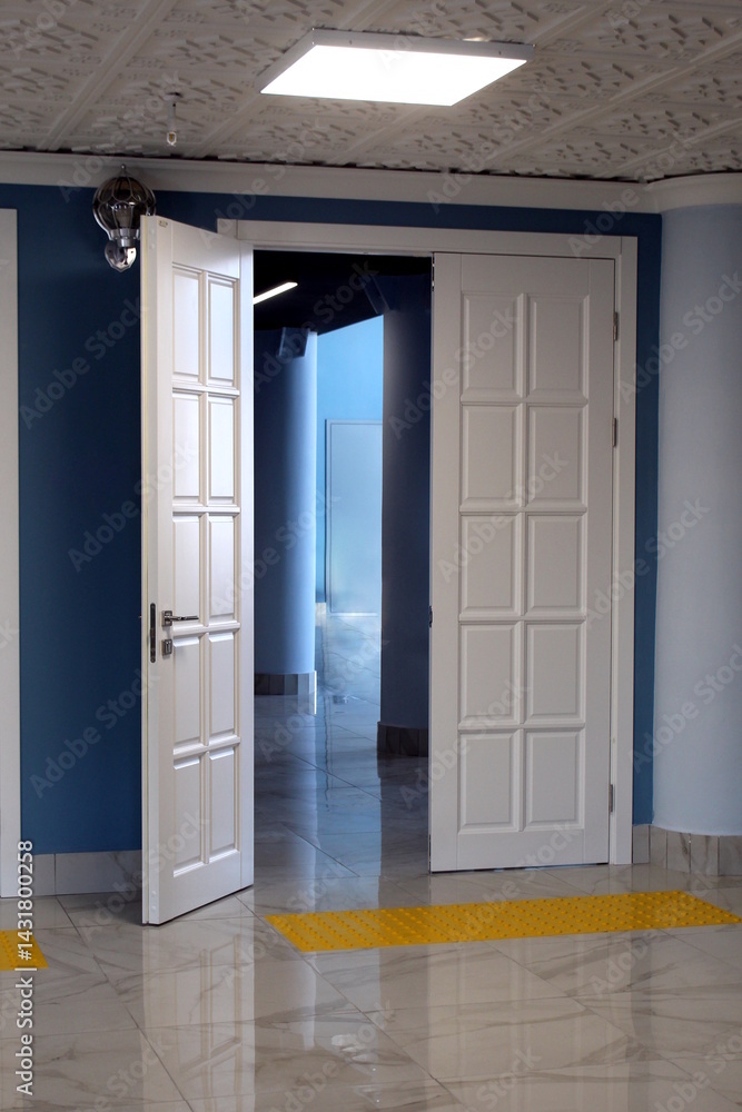 Fototapeta premium Open double door in white with iron silver handle.