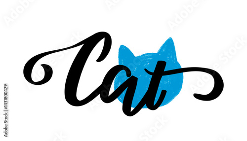 Cute Hand-Lettered Cat Design with Blue Silhouette – Playful Vector Illustration with Whimsical Typography, Ideal for T-Shirts, Posters, Mugs, Cards, and Pet-Themed Gifts
