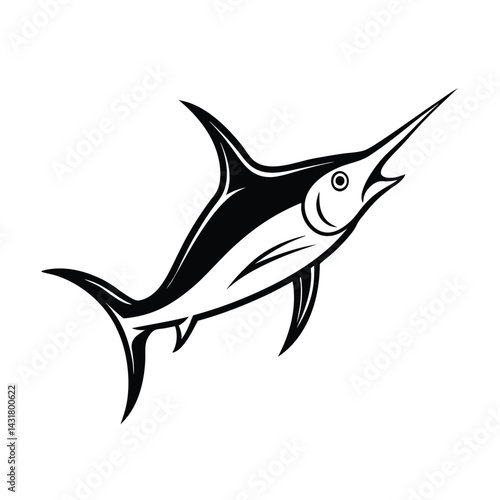 Stylized black and white vector illustration of a marlin swordfish swimming elegantly on a white background