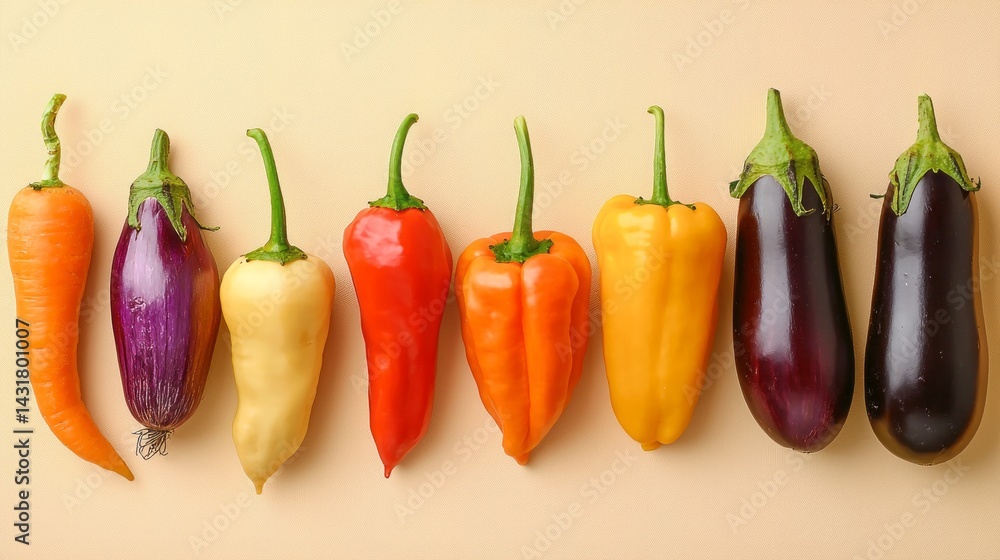 A row of vegetables including carrots, peppers, and eggplant A row of vegetables including carrots, peppers, and eggplant
