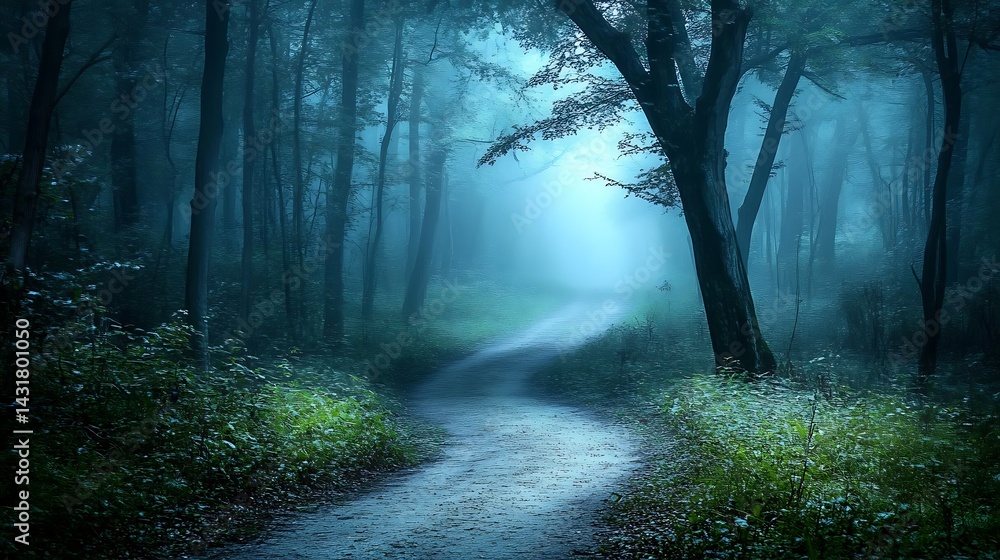 Obraz premium Mystical forest path winding through a misty, twilight wood.