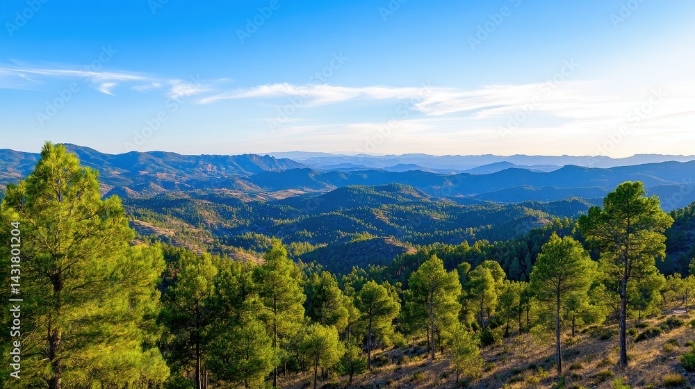 Panoramic view of lush green mountains under a clear blue sky with distant peaks and valleys Panoramic view of lush green mountains under a clear blue sky with distant peaks and valleys