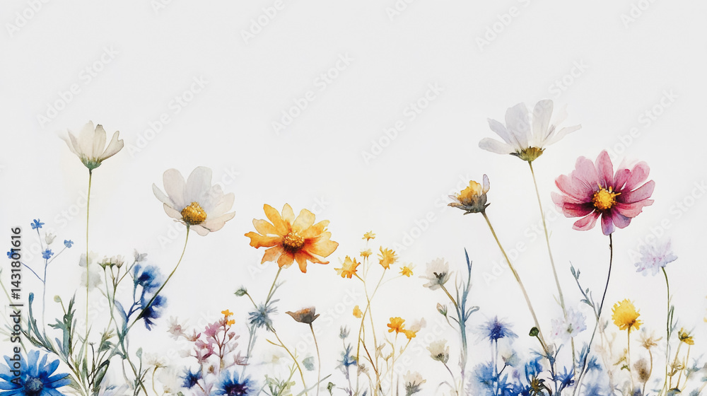 Fototapeta premium Elegant wedding invitation card background . Minimal hand painted watercolor Chamomile flowers texture template background. Design for wedding, vip cover, poster, rsvp moderncard.Valentine's Day