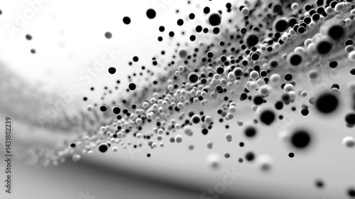 A sophisticated 3D motion graphic featuring a left-to-right stream of grey data dots drifting across a white background. Generative AI