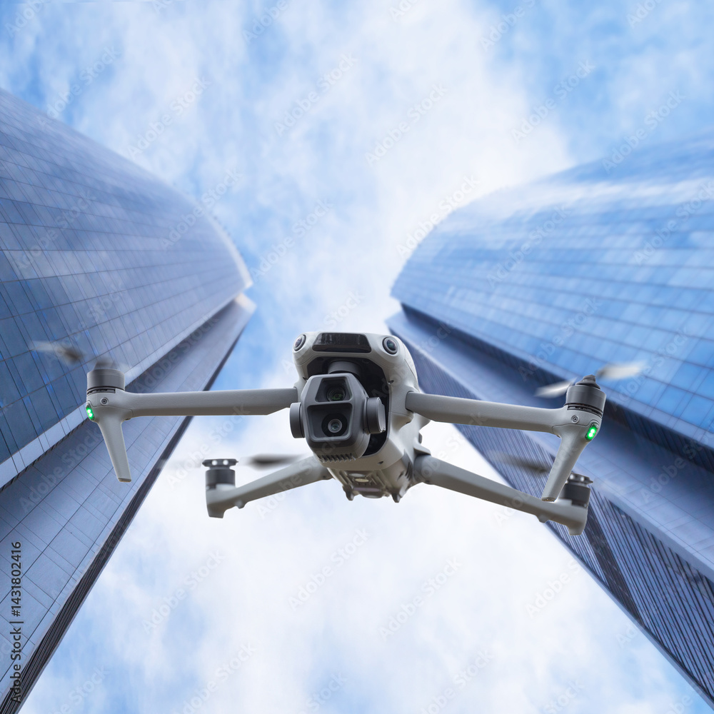 Drone flying in the air over the city buildings.
