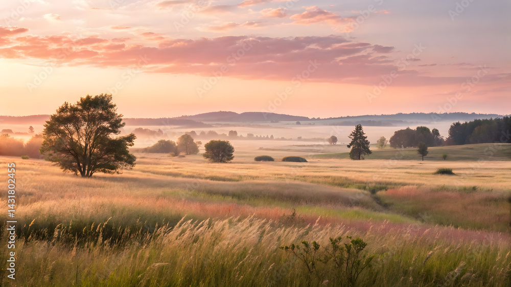 Fototapeta premium Open meadow sunrise soft golden lig
