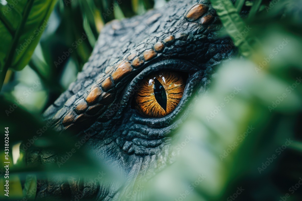 Fototapeta premium Predator dinosaur eye hiding in green jungle leaves