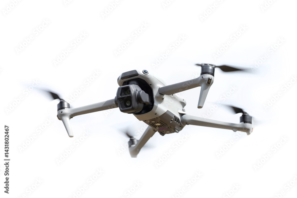 Drone flying in the air over bright sky.