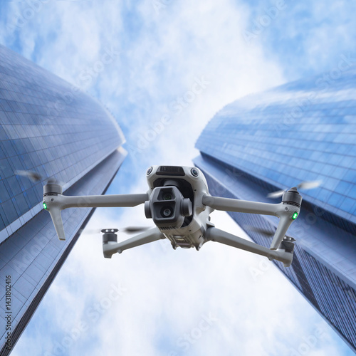 Obraz na płótnie Drone flying in the air over the city buildings. w salonie