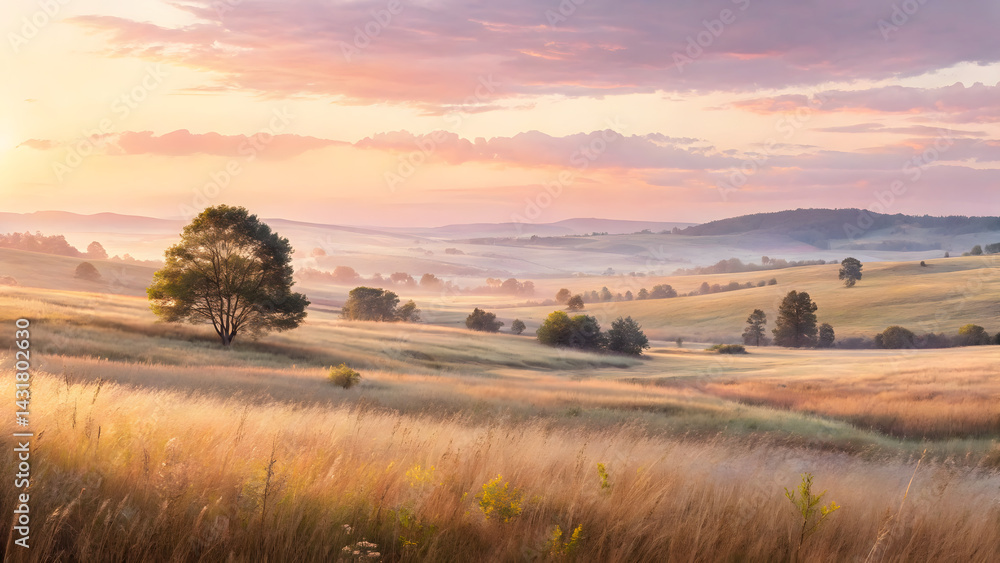 Fototapeta premium Open meadow sunrise soft golden lig