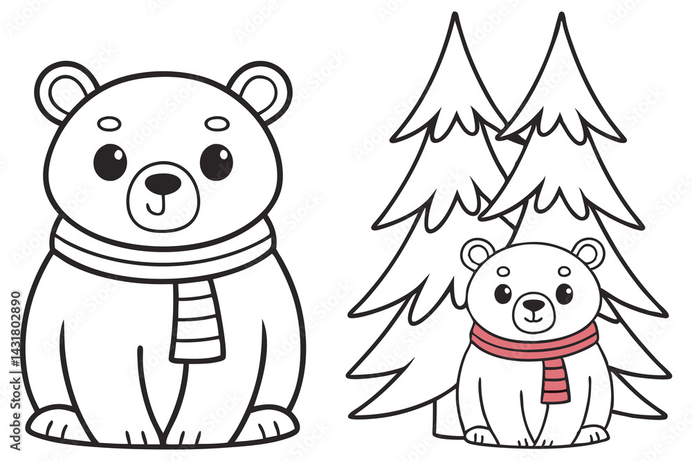 Outlined bears with scarf and pine trees cartoon on transparent background drawing Outlined bears with scarf and pine trees cartoon on transparent background drawing