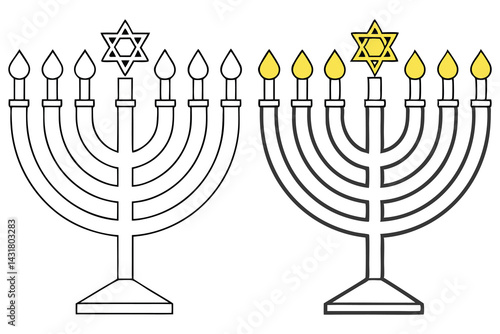 Hanukkah Menorah, Hebrew Symbol, Candles, Jewish Tradition, Vector, Colorable Lineart