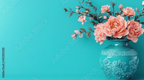 Vibrant turquoise vase filled with blooming coral flowers against a bright background
