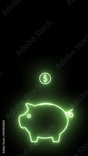 Coins fall into a green neon piggy bank on a dark background. Vertical video .