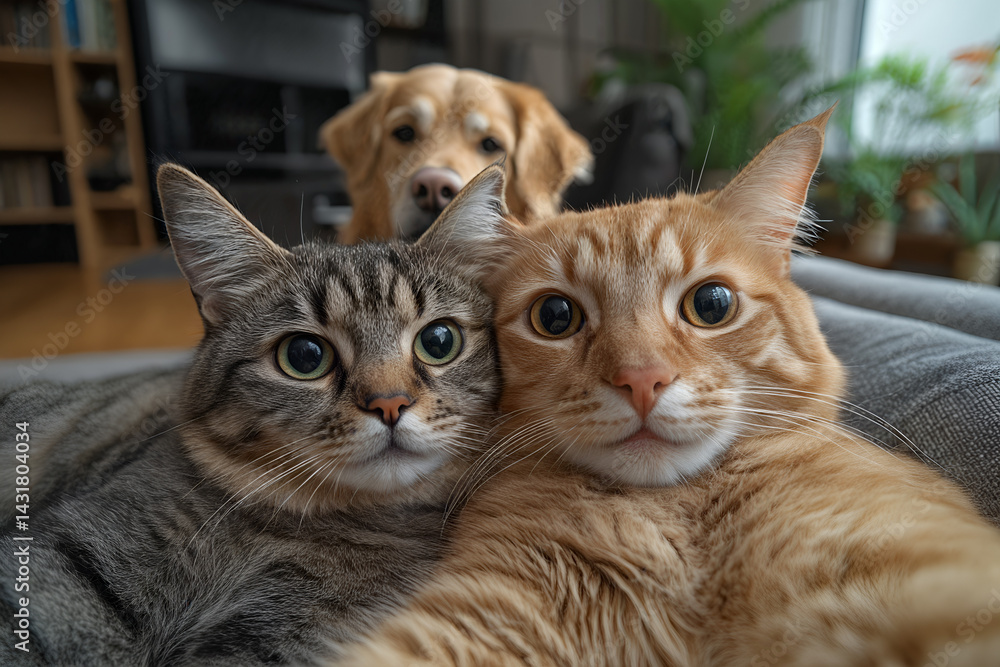 Funny cat and dog selfie capturing the humorous life of pets indoors