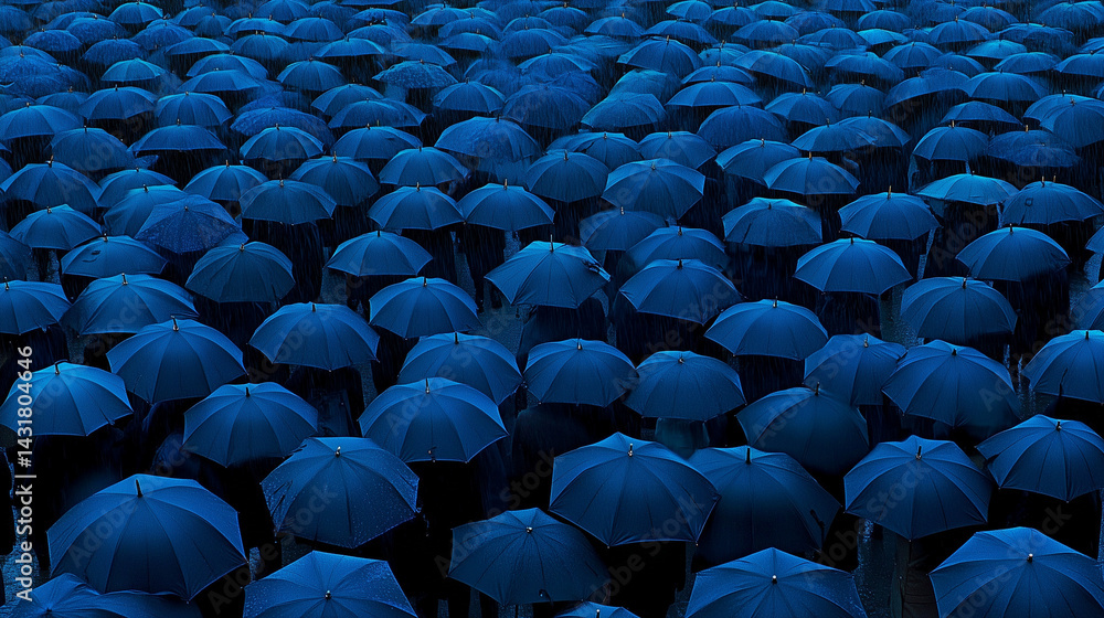 Obraz premium Overhead shot of a peaceful protest in the rain, hundreds of black umbrellas opened
