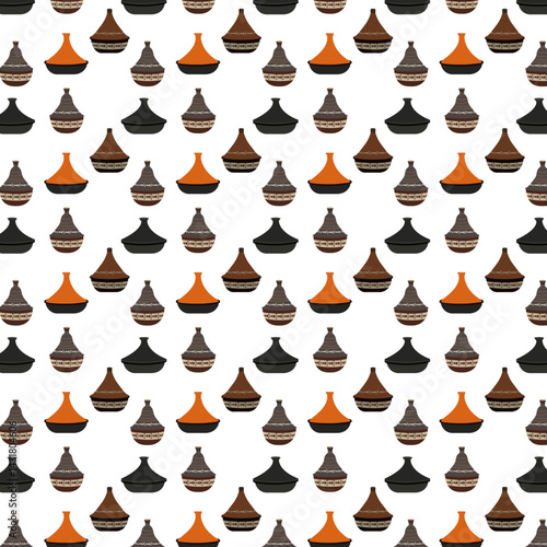 background Moroccan ceramic tagine dishes feature a conical lid and intricate designs and are used to slow cook flavorful North African dishes.