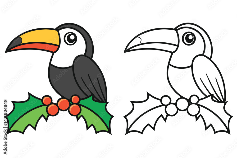 Fototapeta premium Cheerful Toucan Bird with Holly Berries Design, Full Color and Line Art