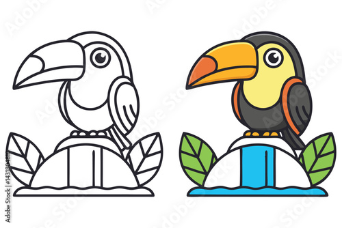 Two Toucans on Waterfall Outline and Colored Style Cartoon Isolated on White