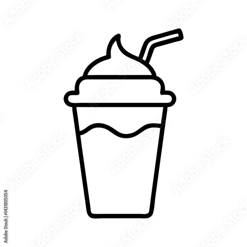 Isolated line art of iced coffee drink with straw and cream for cafe menu design concept