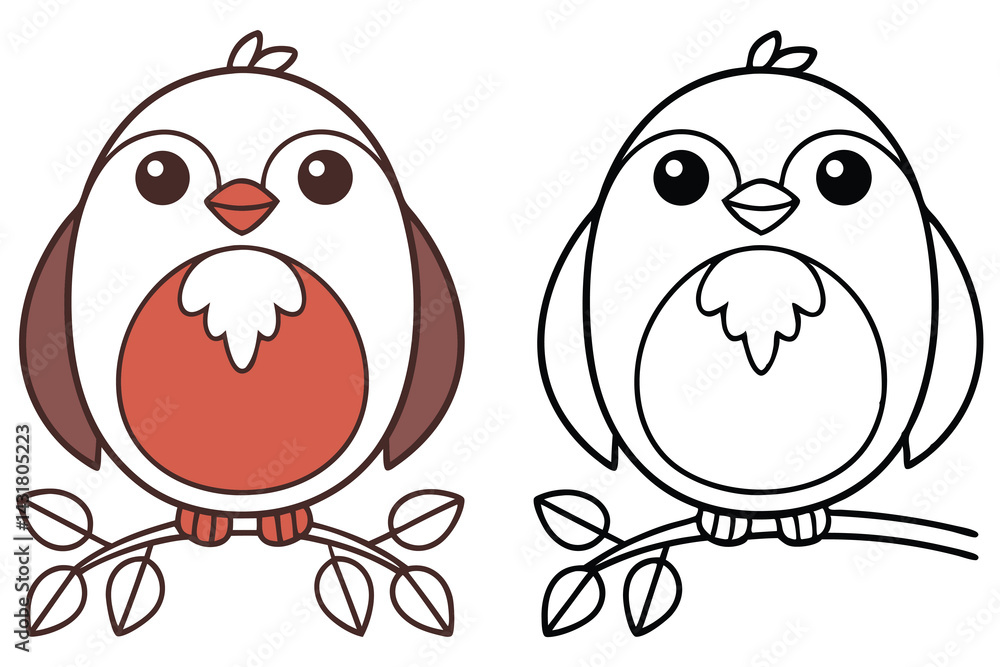 Cute Bird on Branch Vector, Cartoon Bird with Brown and White Feathers, Line Art Cute Bird on Branch Vector, Cartoon Bird with Brown and White Feathers, Line Art