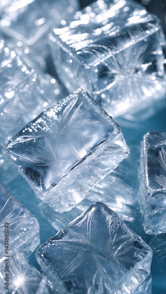 Obraz premium Close-up of ice cubes, glistening in the light, a refreshing and cooling image