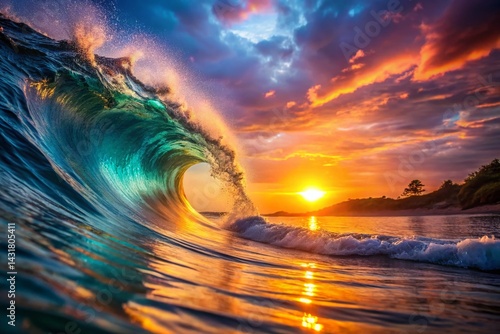 Ocean Wave Sunset, Vibrant Golden Hour Seascape, Ethereal Glow, High Resolution Stock Photo