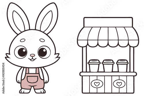 Outline Cartoon Rabbit in Overalls Stands Near Coffee Stall on Transparent Background