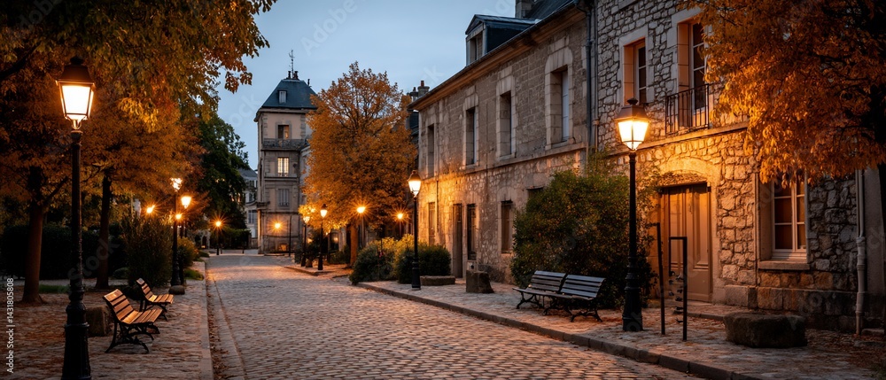 Fototapeta premium Autumnal Town Street at Dusk