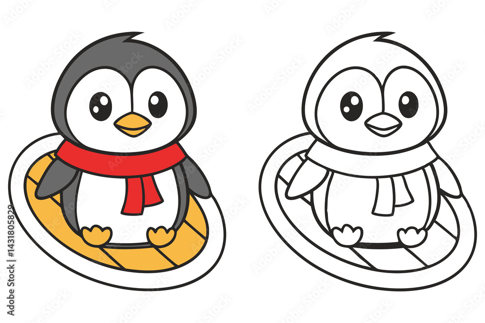 Obraz premium Cute Cartoon Penguin With Red Scarf on Inner Tube Outlined and Colored