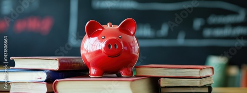 A red piggy bank sits atop stacked books in a classroom setting.