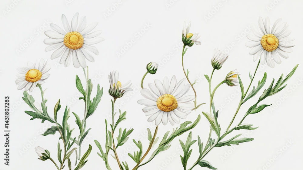 Fototapeta premium Elegant wedding invitation card background . Minimal hand painted watercolor Chamomile flowers texture template background. Design for wedding, vip cover, poster, rsvp moderncard.Valentine's Day
