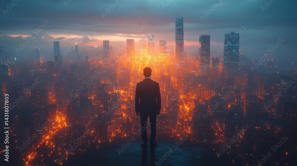 Businessman in a suit standing on a high viewpoint overlooking a glowing futuristic city skyline at dusk. Businessman in a suit standing on a high viewpoint overlooking a glowing futuristic city skyline at dusk.