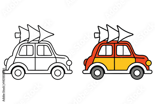 Car Carrying Christmas Tree Line Art Design, Coloring Book Page, Cartoon