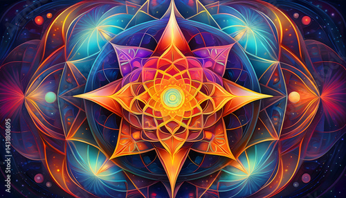 Vibrant Cosmic Mandala Abstract Sacred Geometry Art Intricate Design Colorful Starburst