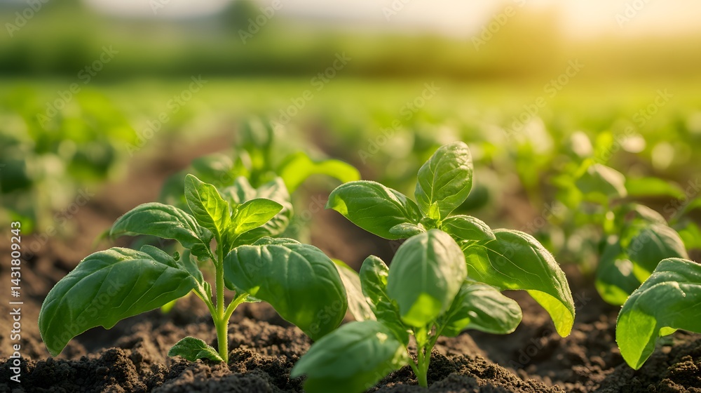 Fresh green plants growing in the field bathed in the warm glow of sunlight signifying growth and vitality. Fresh green plants growing in the field bathed in the warm glow of sunlight signifying growth and vitality.