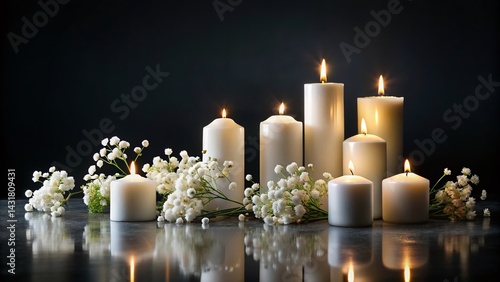 Panoramic Black Background with White Candles & Flowers - Funeral Memorial Service Stock Photo