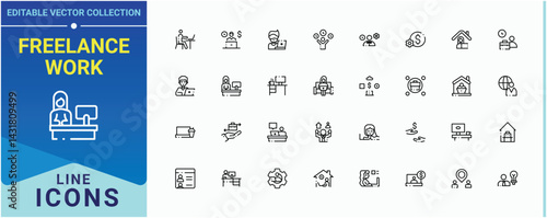 Freelance Work related icon set. Related to business, remote working, freelancer, outsource, work. Freelancing linear icon collection. Thin UI icons. Editable vector. Pixel perfect.